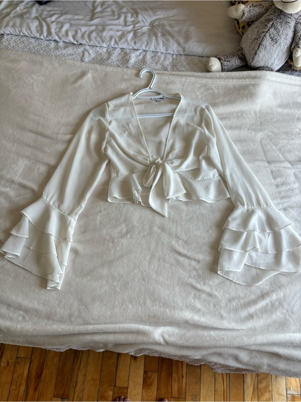 Fashion Nova Cream Tie-Front Ruffle Bell Sleeve Blouse